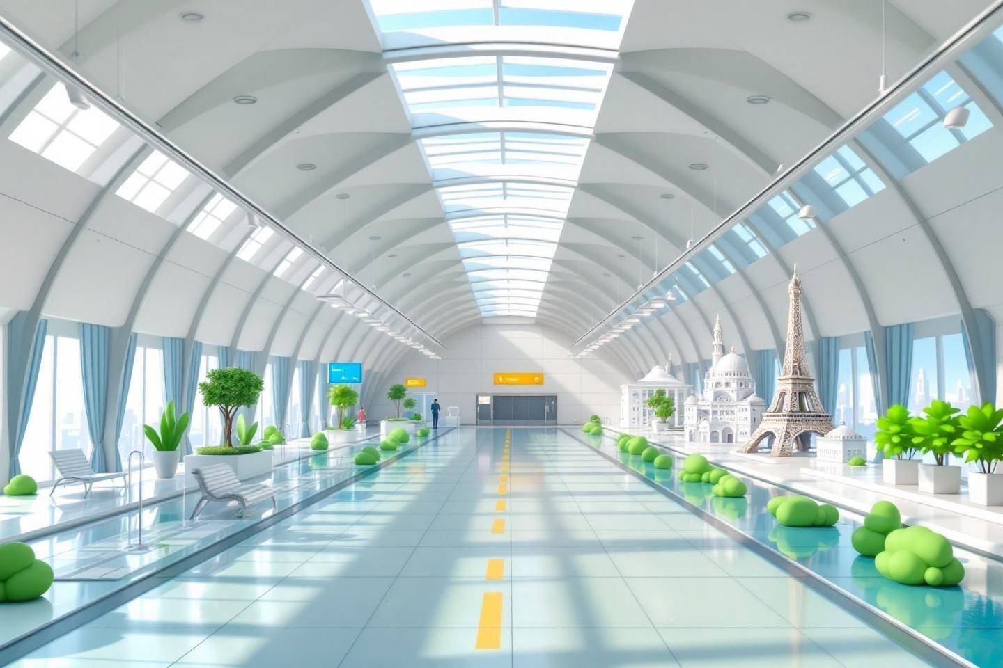 Corridor lumineux avec monuments, plantes et perspective géométrique