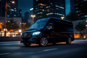 Fourgonnette Mercedes noire élégante dans un environnement urbain nocturne