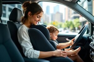 Femme souriante avec un jeune enfant au volant d'une voiture