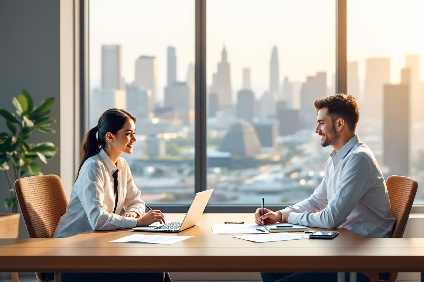 Deux personnes en discussion dans un bureau moderne surplombant une ville