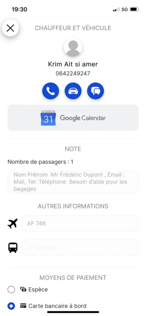 Cordonne du chauffeur vtc aeroport