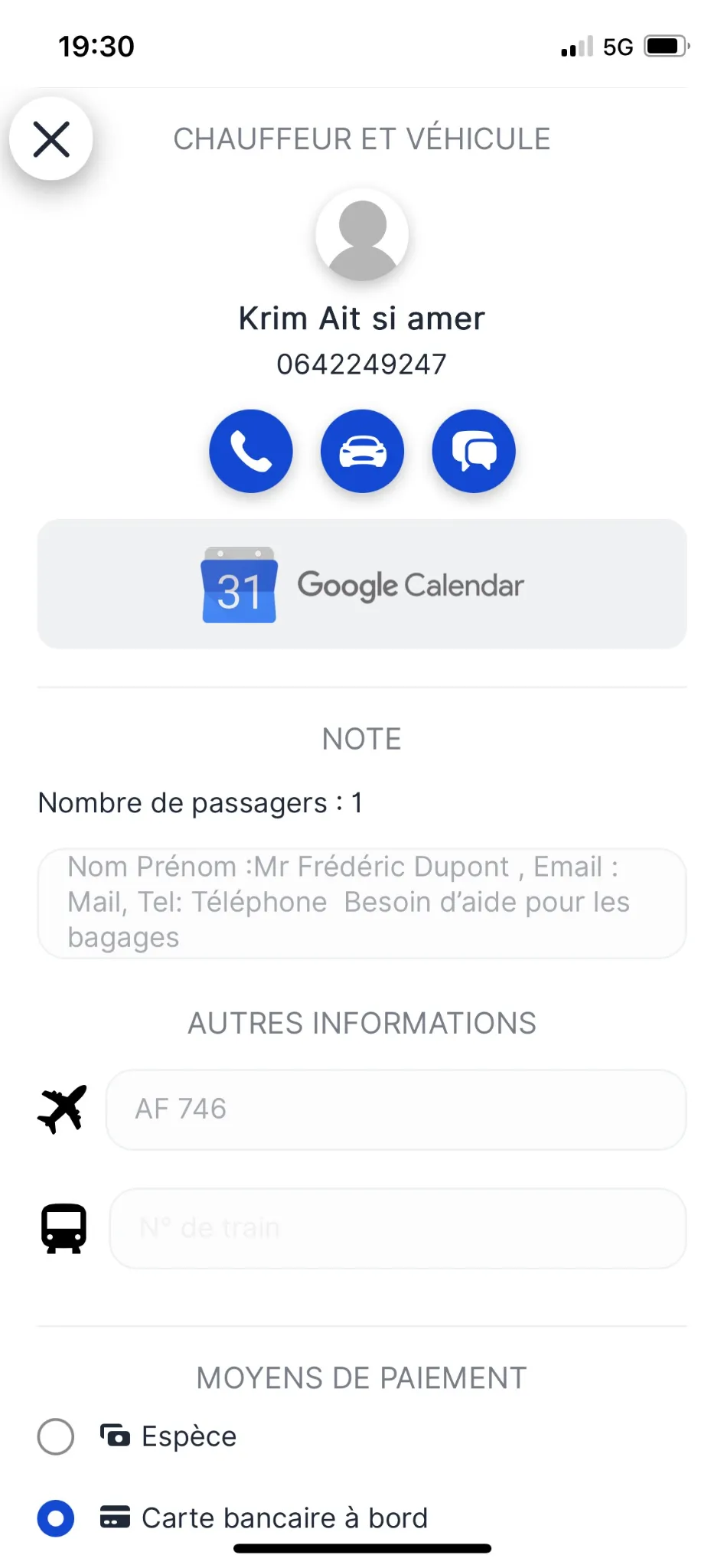 Profil chauffeur VTC aéroport application mobile