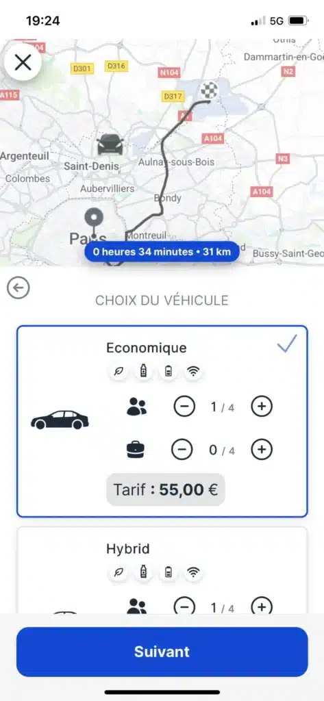 Choix du véhicule vtc aeroport paris