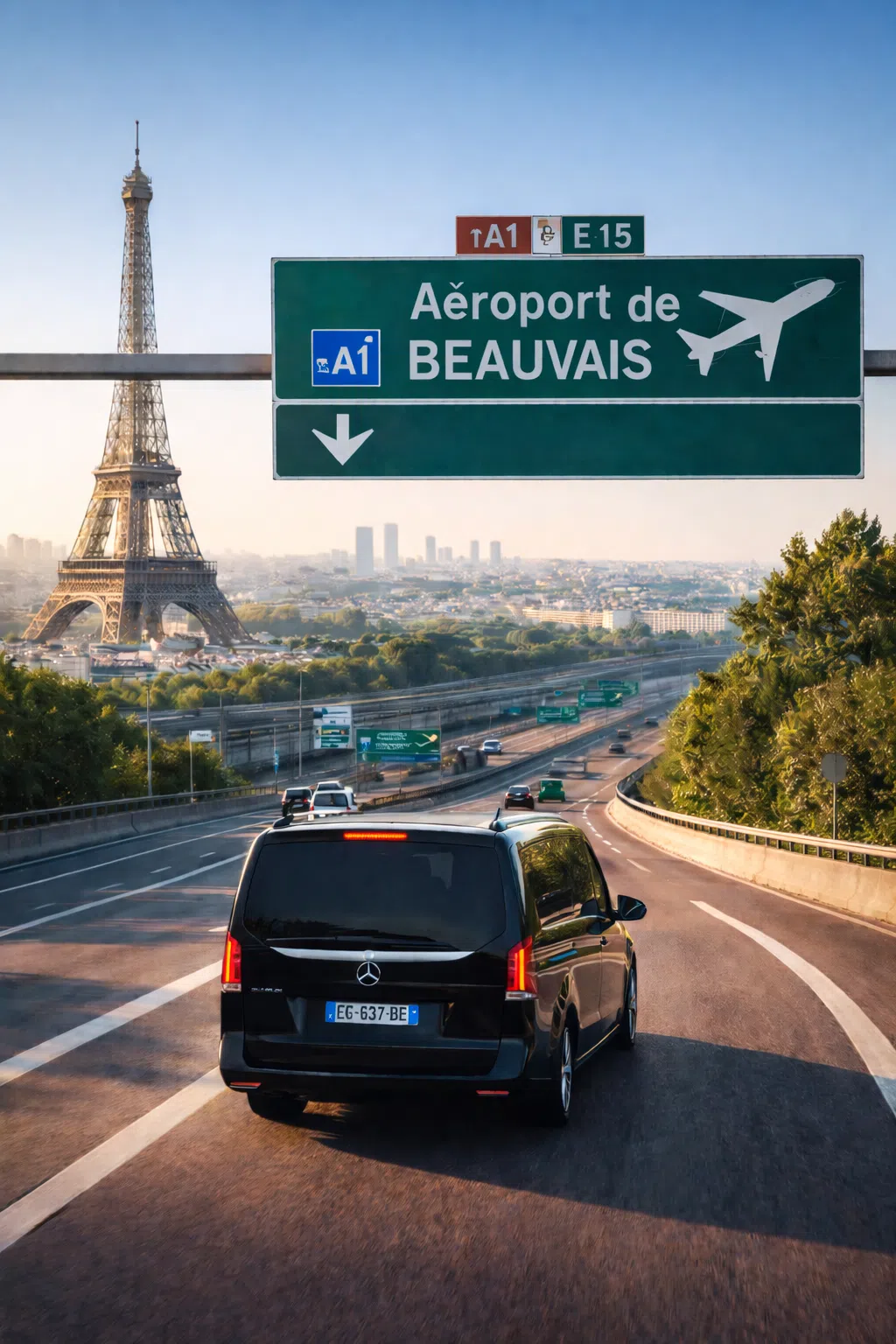 Van VTC sur autoroute A16 panneau direction aéroport Beauvais