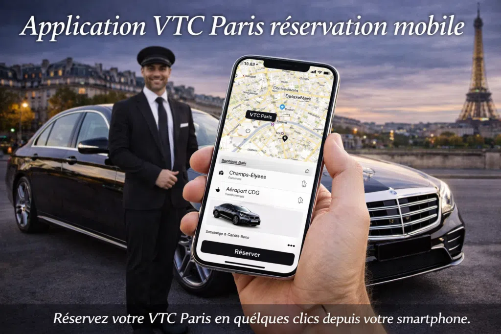 Application mobile VTC Aéroport Paris affichée sur smartphone pour réserver un transfert aéroport
