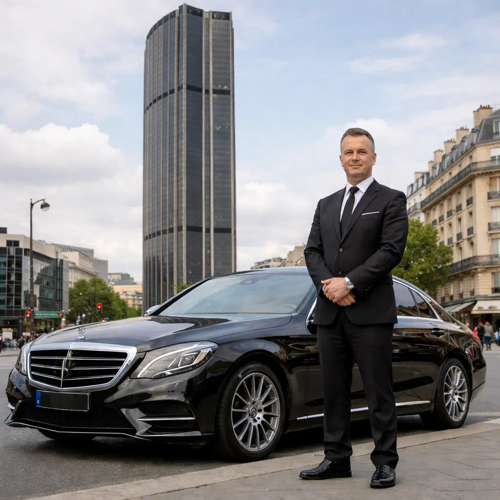 Krim Ait Si Amer, chauffeur VTC et gérant d'AIT VTC, devant la Tour Montparnasse à Paris