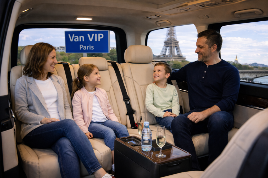 Famille dans le Van VIP Mercedes Classe V — vacances en Europe avec enfants