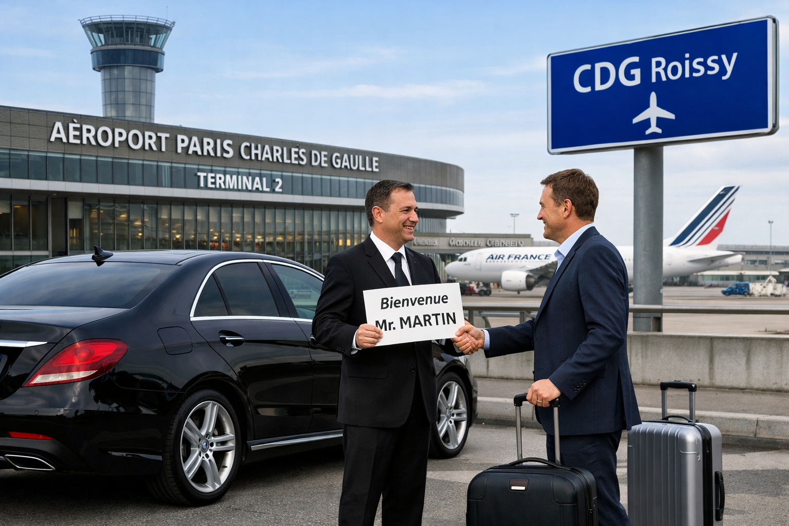 Chauffeur VTC aéroport CDG Paris — transfert Roissy Charles de Gaulle berline Mercedes prix fixe
