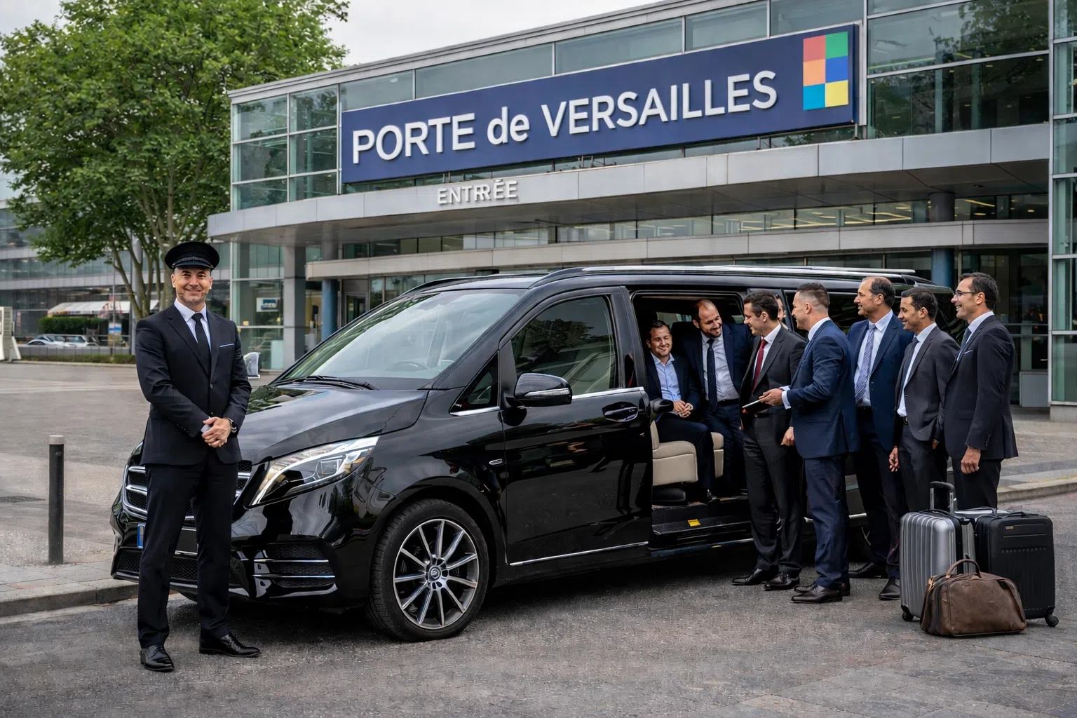 VTC professionnel devant un parc des expositions parisien pour le transport vers un salon