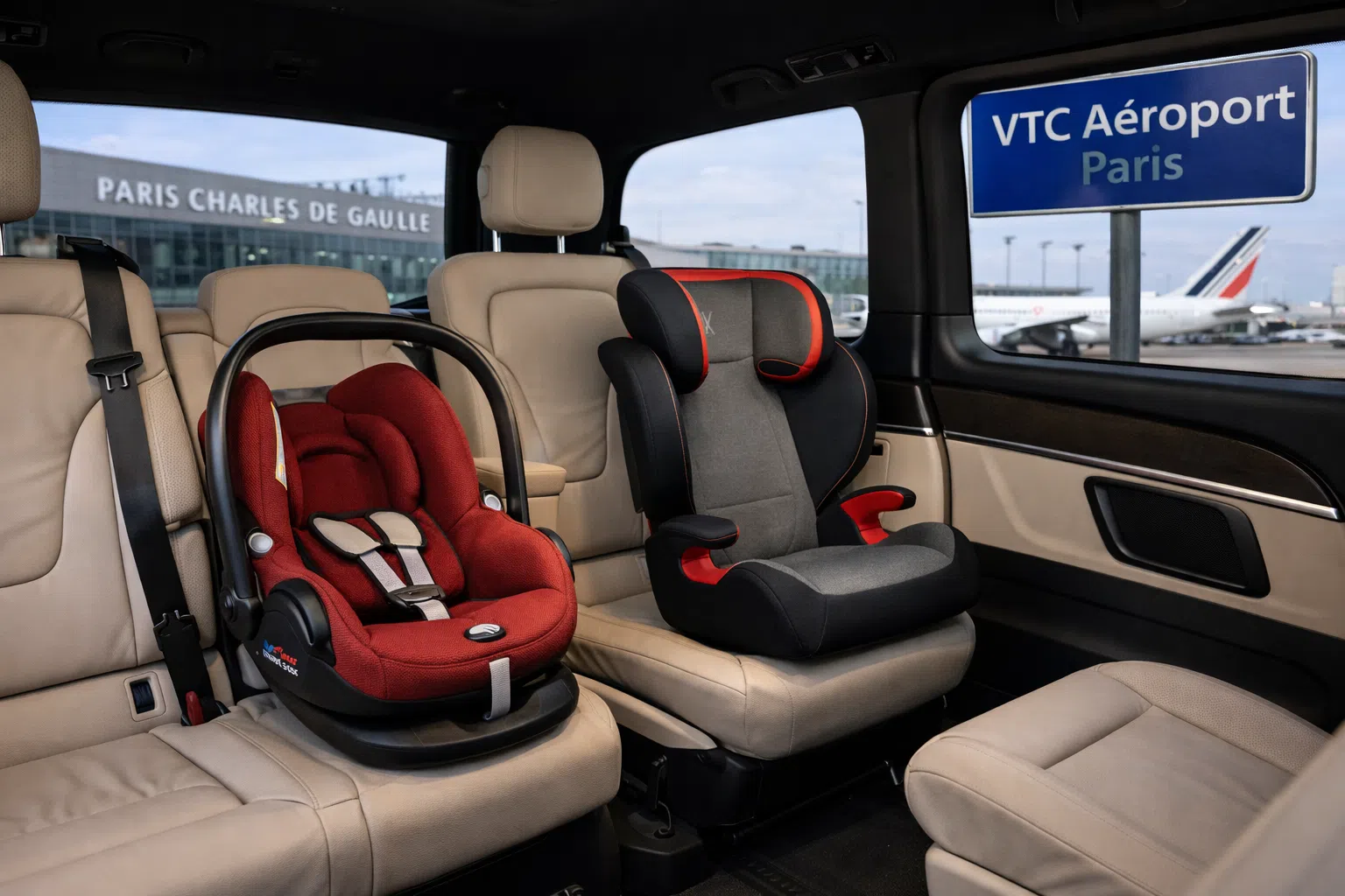 Cosy coque maternité VTC Paris — retour de maternité en Van Mercedes avec siège bébé gratuit
