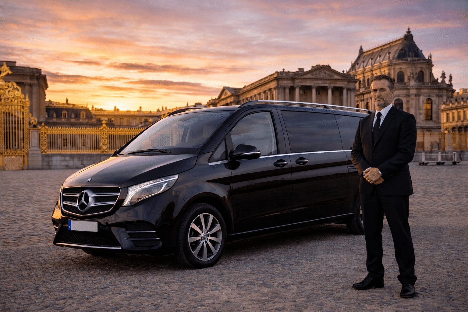 Van VIP VTC AEROPORT Paris devant le Château de Versailles — transfert privé