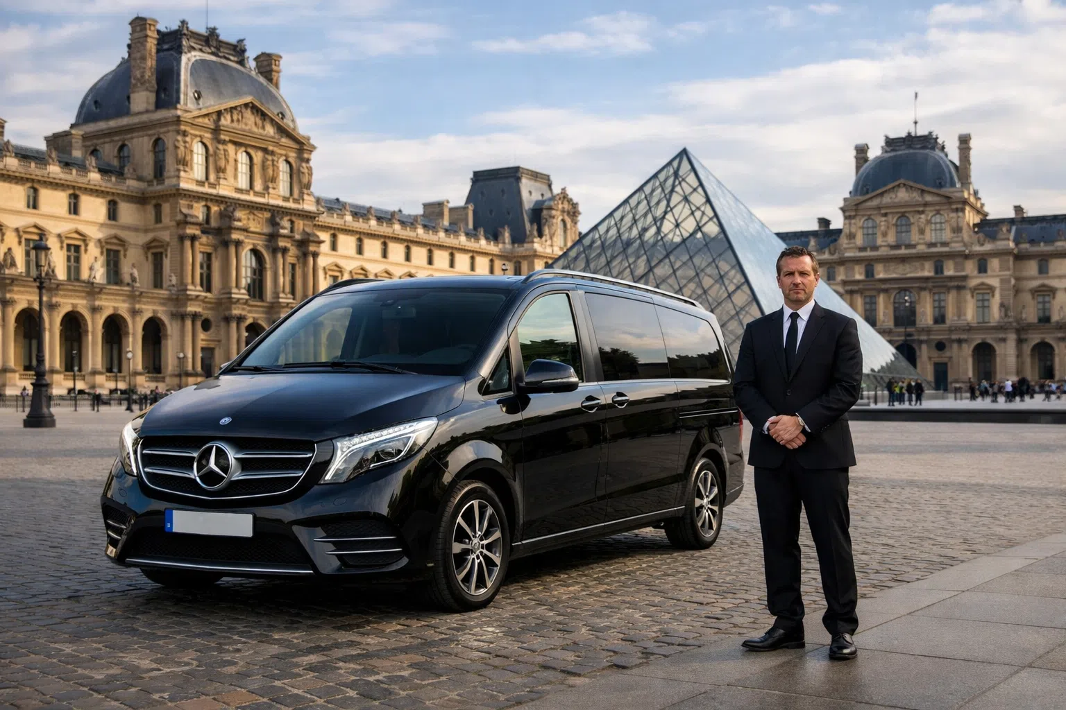 Chauffeur VTC AEROPORT devant le Louvre Paris — service vtc chauffeur privé