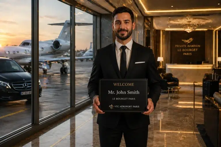 Private chauffeur holding a welcome name sign for a passenger at a Paris airport