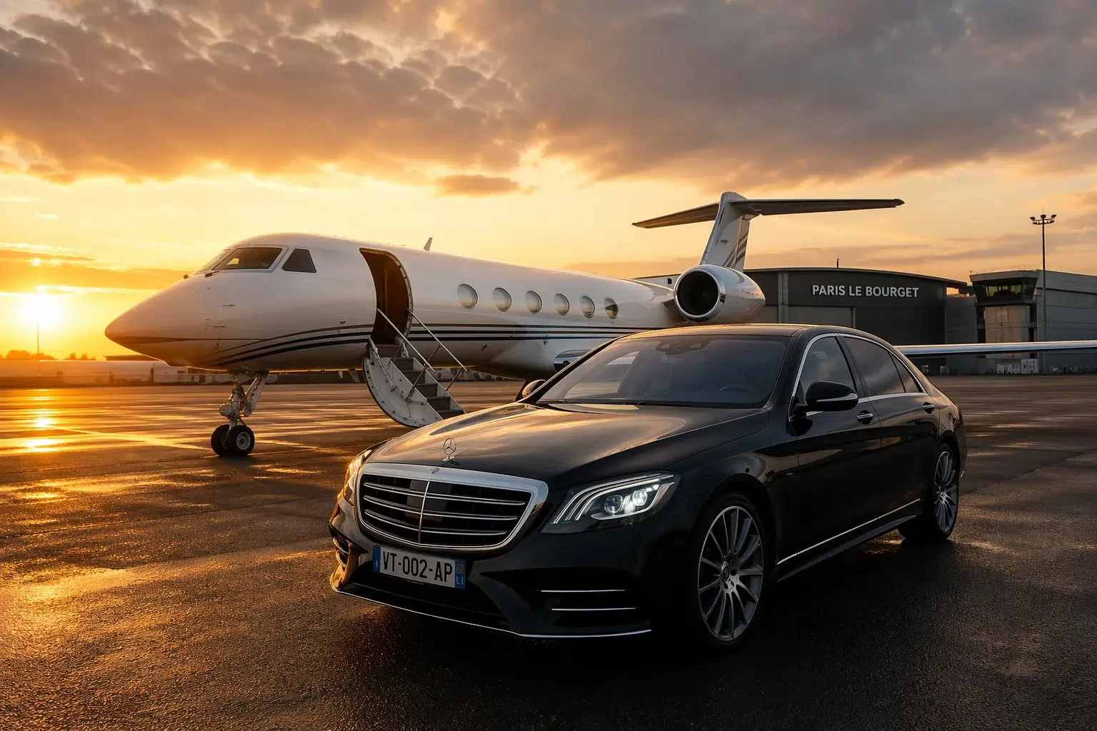 Mercedes Classe S devant un jet privé à l'aéroport Le Bourget — service VTC AÉROPORT PARIS
