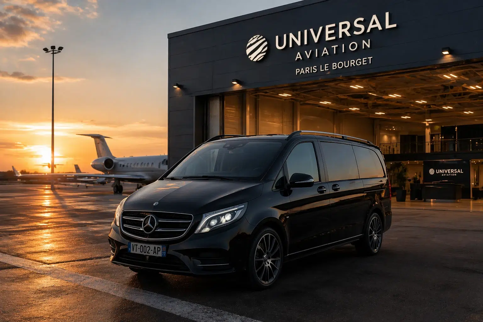VTC Le Bourget Universal Aviation — Van Mercedes VIP 6 places équipes corporate