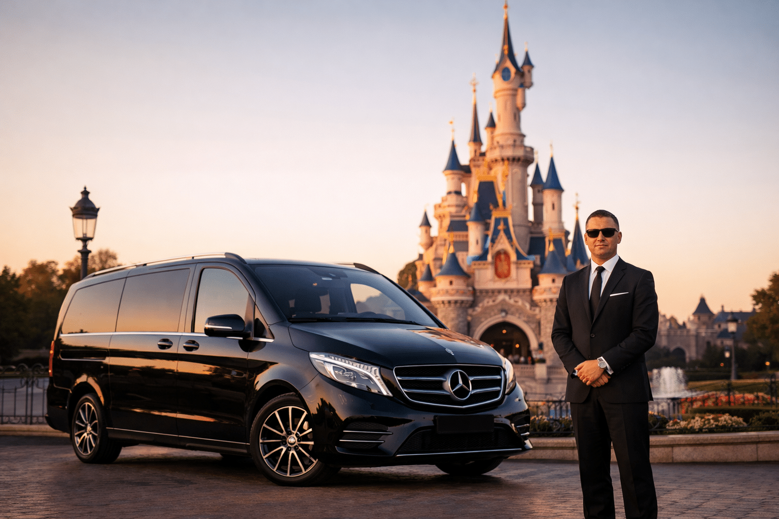 Van VTC AEROPORT devant l'entrée de Disneyland Paris — transfert privé famille 6 places