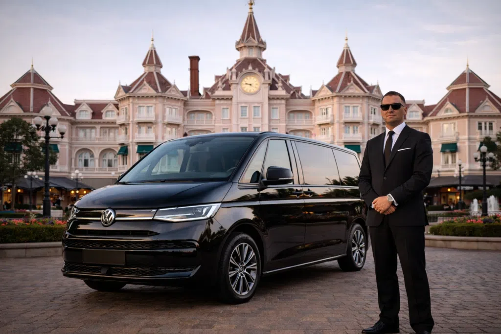 Van VTC devant un hôtel de Disneyland Paris pour un transfert famille
