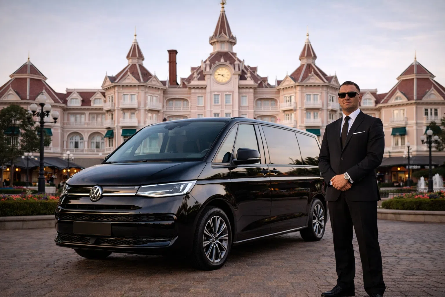 Van VTC déposant des voyageurs devant un hôtel de Disneyland Paris avec accueil pancarte
