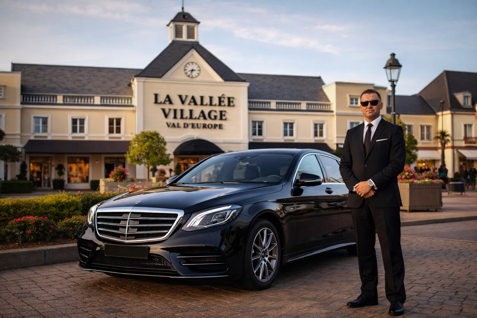Chauffeur privé VTC AEROPORT devant La Vallée Village Val d'Europe Seine-et-Marne