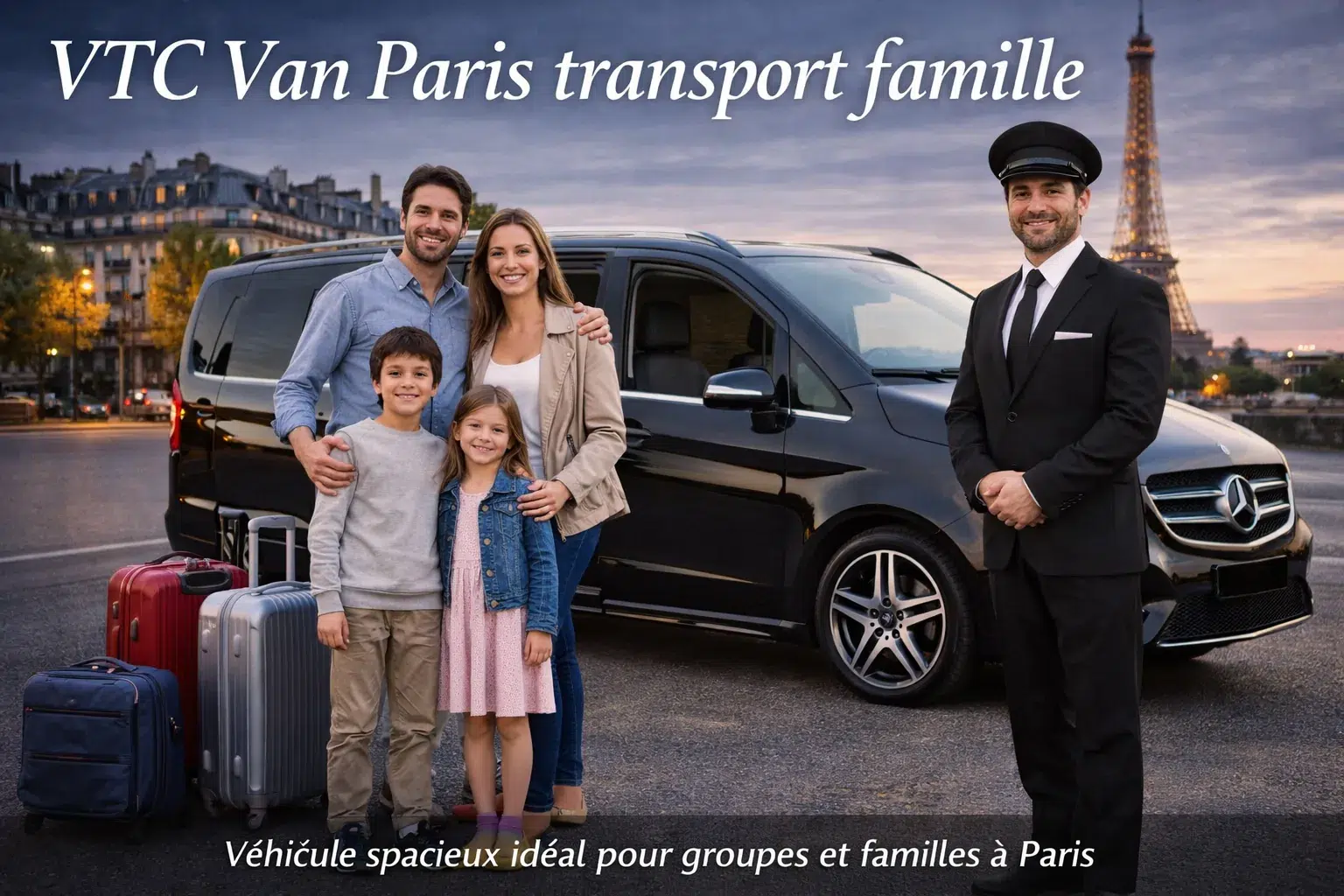 Famille montant dans un van VTC six places à l'aéroport d'Orly avec ses bagages