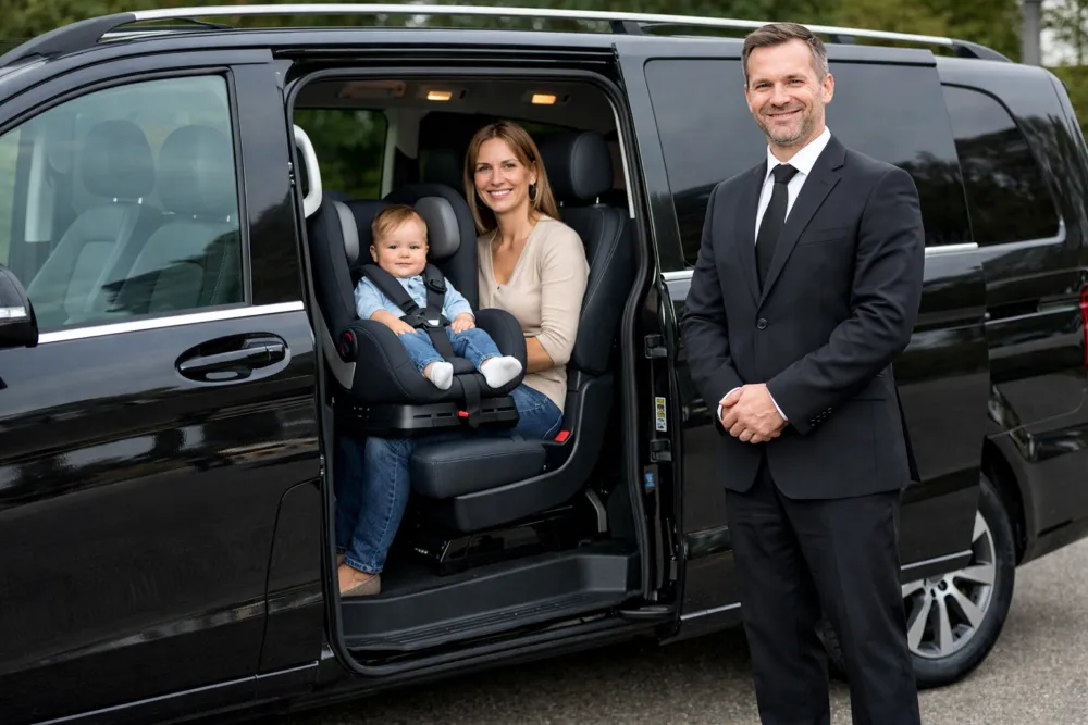 Van VTC aéroport avec siège bébé — famille installée