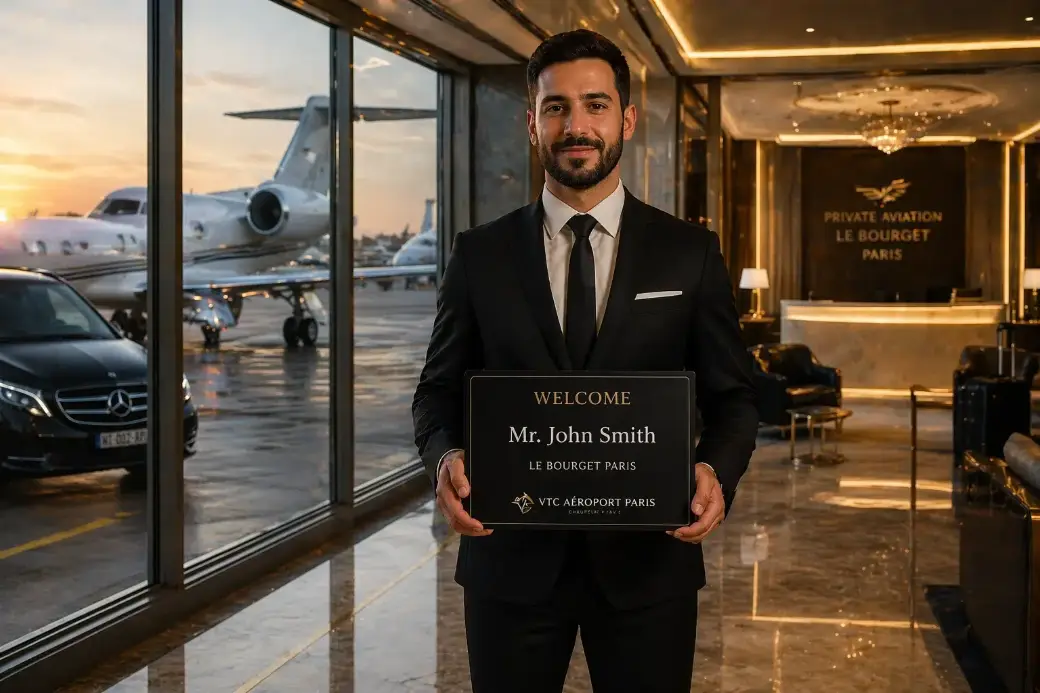 Chauffeur privé VTC Aéroport Paris attendant un voyageur avec une pancarte nominative dans le terminal